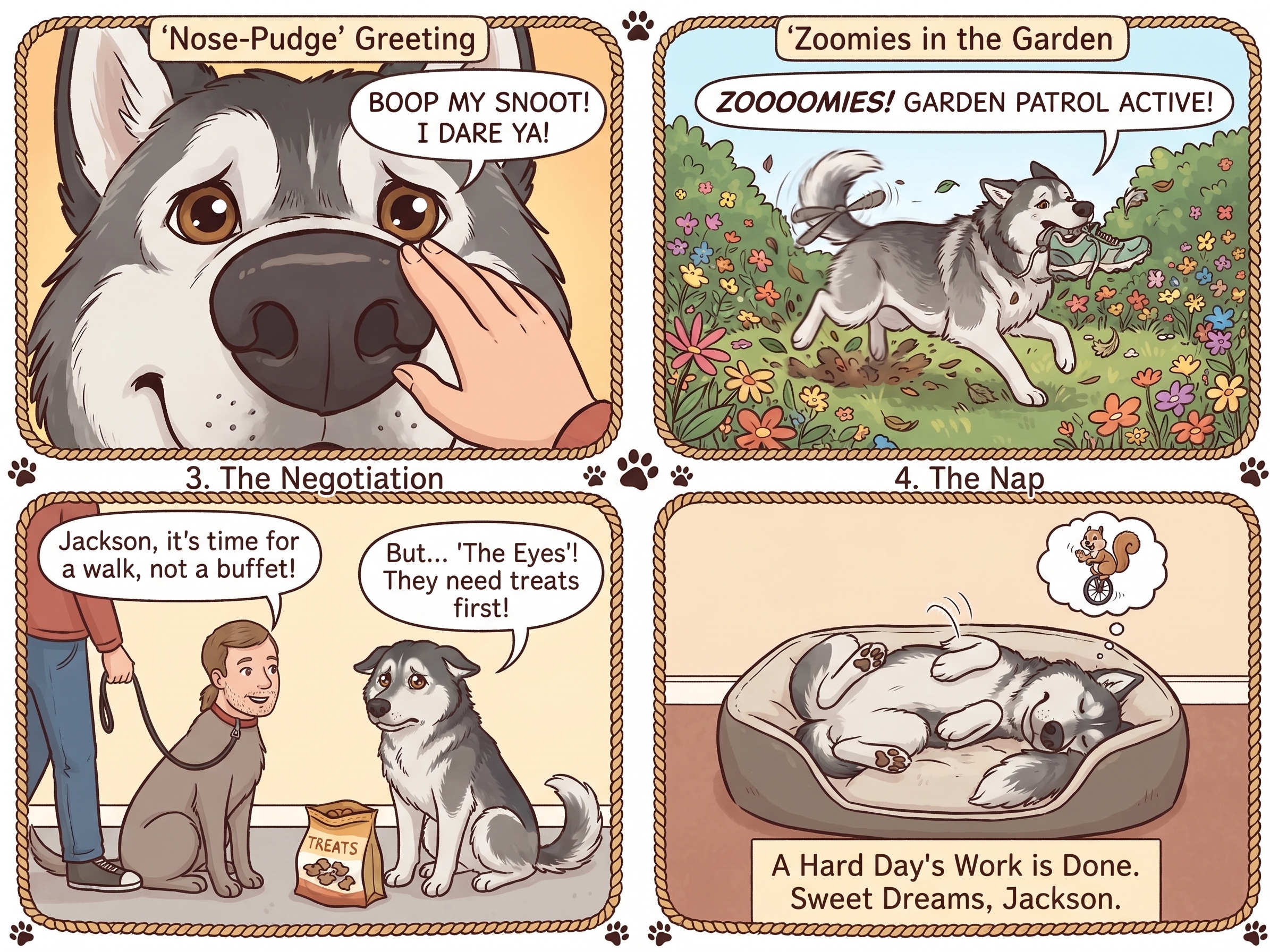 Comic strip: Jackson demanding a snoot boop, doing zoomies in the garden, negotiating for treats, and napping