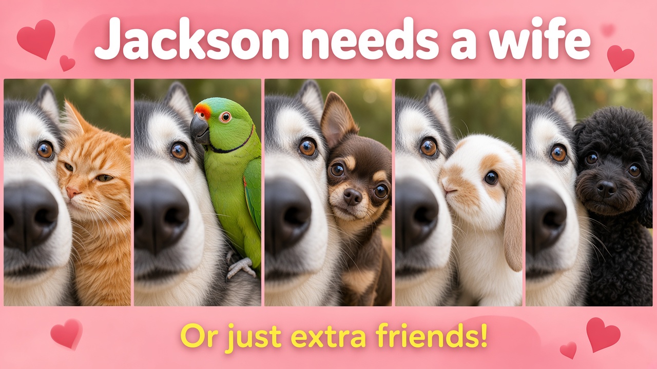 Five extreme close-ups of Jackson's nose beside a cat, a parrot, a chihuahua, a bunny, and a poodle puppy, banner reads Jackson needs a wife, or just extra friends