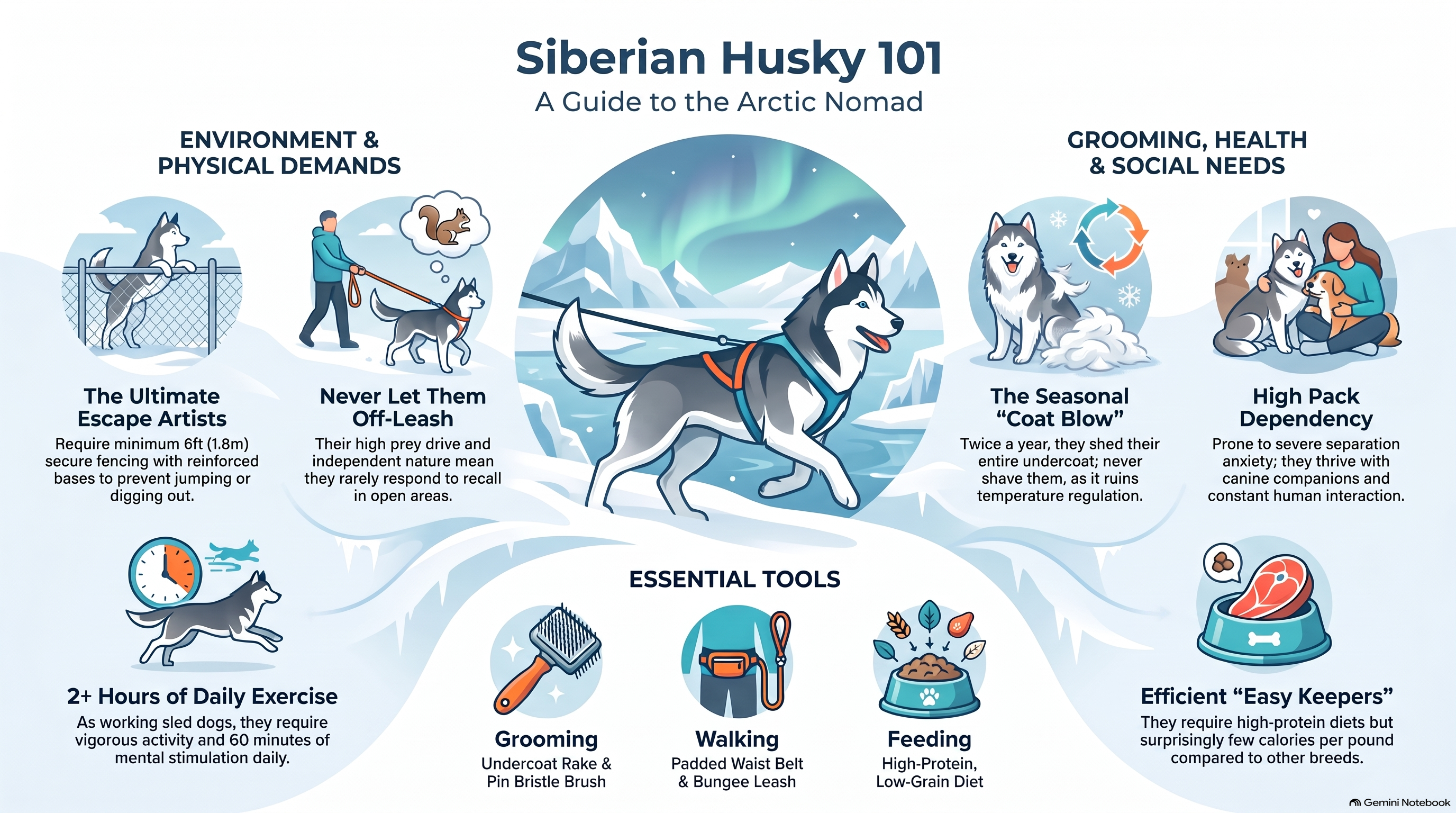 Siberian Husky 101 infographic covering environment and physical demands, grooming, health and social needs, and essential tools