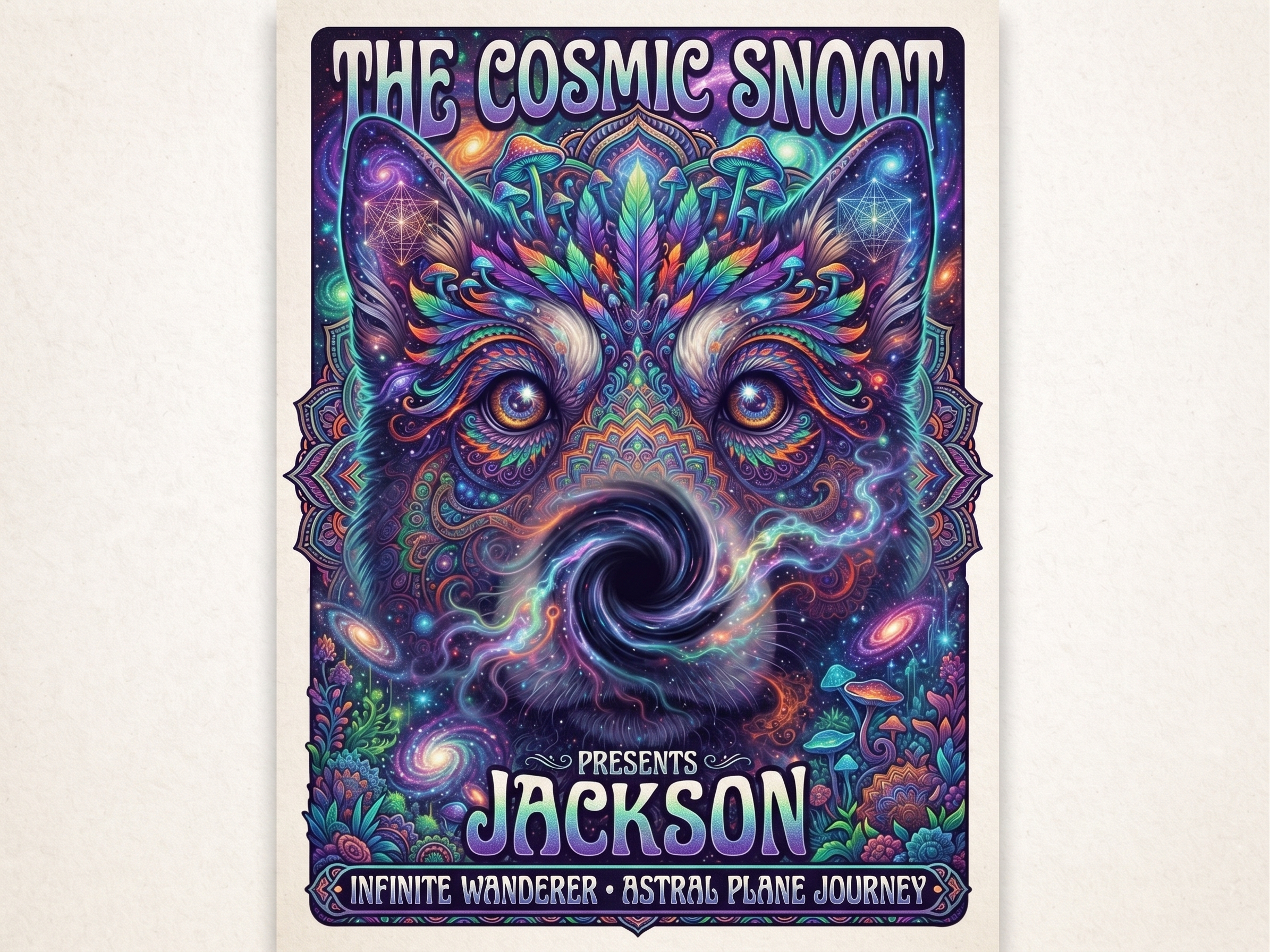 Psychedelic gig poster: The Cosmic Snoot presents Jackson, Infinite Wanderer