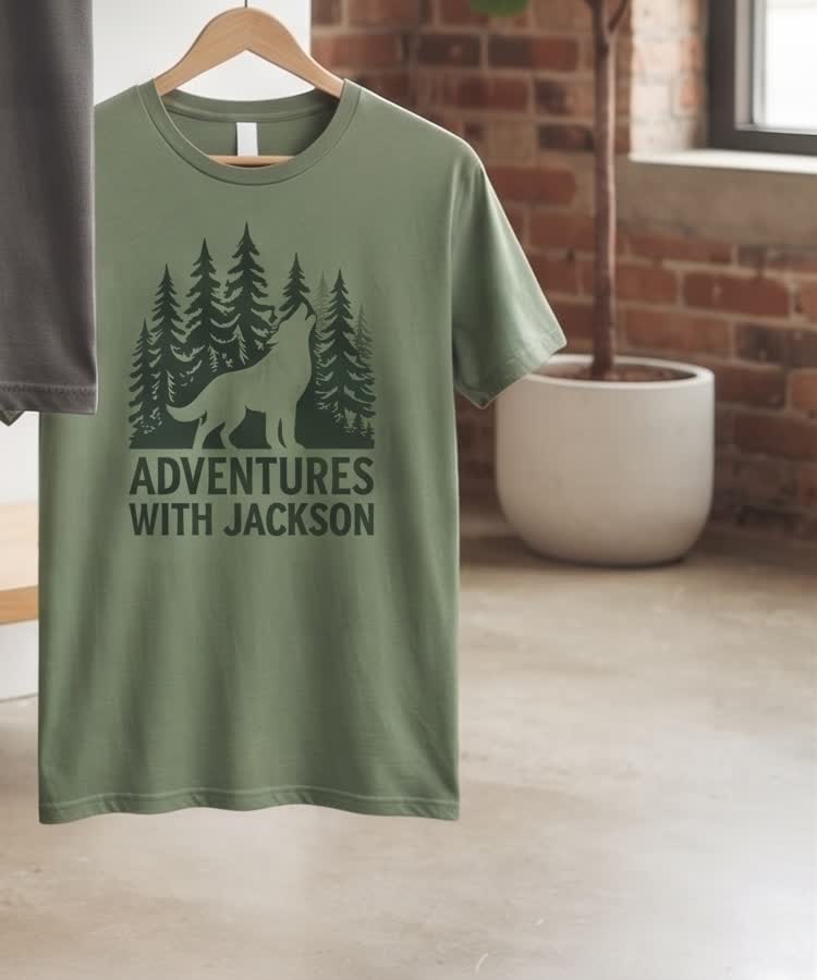 Adventures with Jackson t-shirt, sage green, forest silhouette design