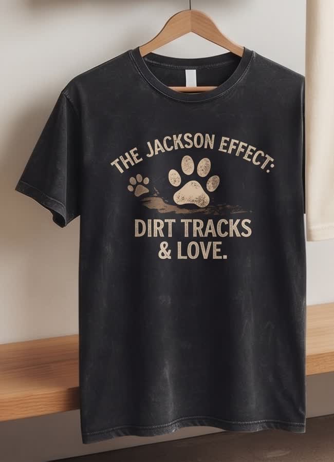 The Jackson Effect: Dirt Tracks and Love t-shirt, black, vintage paw-print design