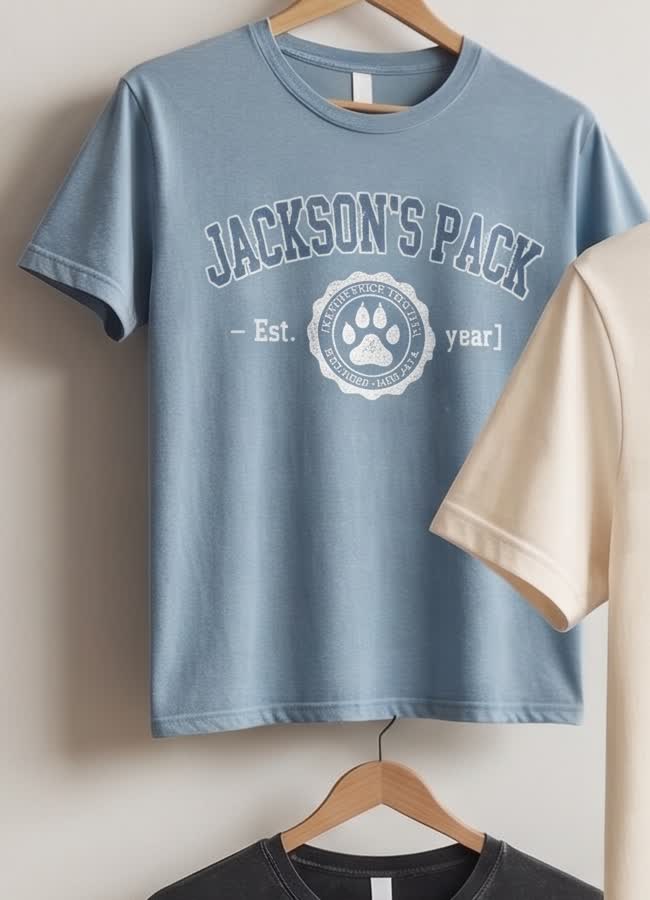Jackson's Pack t-shirt, blue, collegiate paw-print crest design