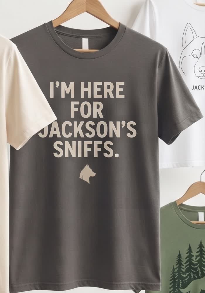 I'm Here for Jackson's Sniffs t-shirt, grey, bold type design