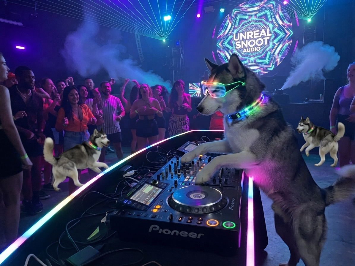 Jackson wearing LED glasses and a light-up collar, DJing at a neon rave under an Unreal Snoot Audio sign