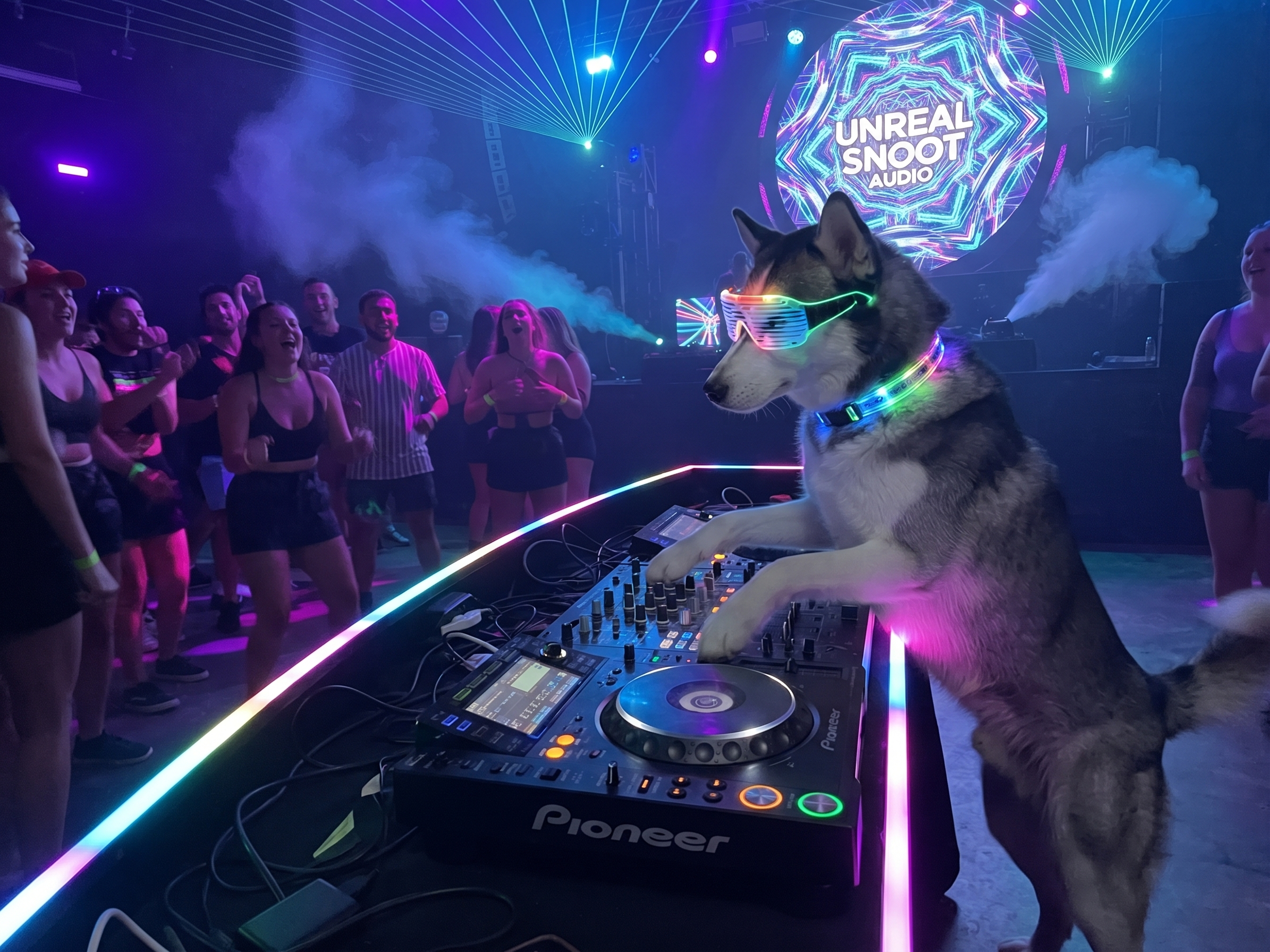 Wide shot of Jackson's Unreal Snoot Audio DJ set at the rave