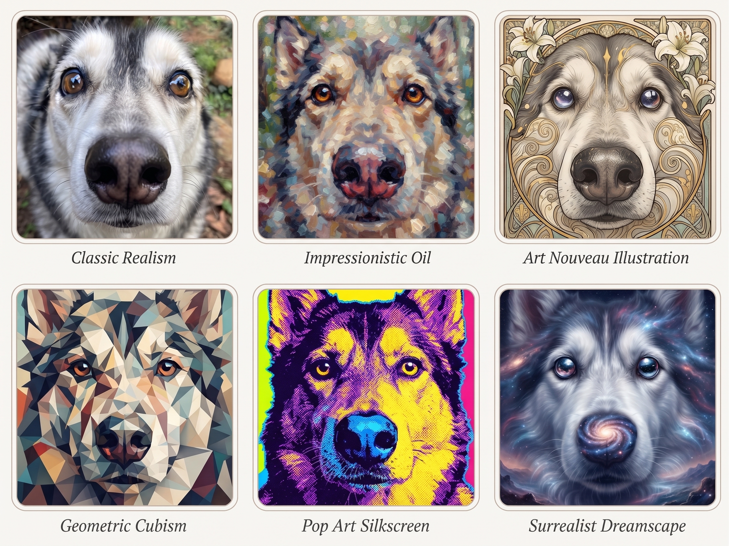 Grid of six art styles applied to Jackson's portrait: Classic Realism, Impressionistic Oil, Art Nouveau, Geometric Cubism, Pop Art Silkscreen, Surrealist Dreamscape