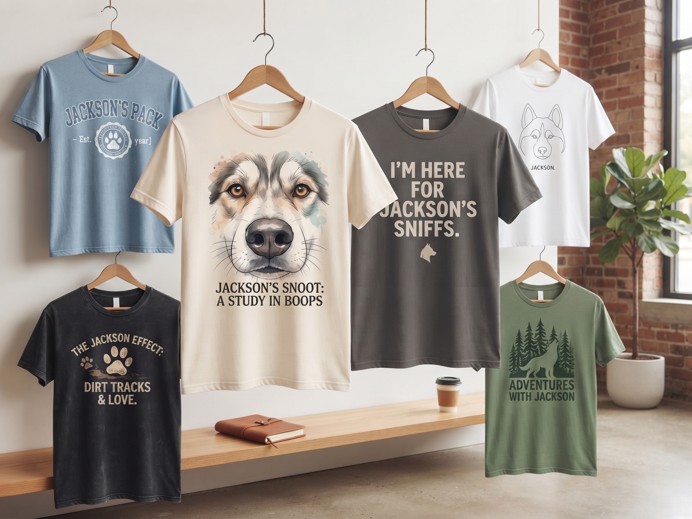 Mockup wall of five t-shirt concepts: Jackson's Pack, Jackson's Snoot A Study in Boops, I'm Here for Jackson's Sniffs, The Jackson Effect Dirt Tracks and Love, Adventures with Jackson