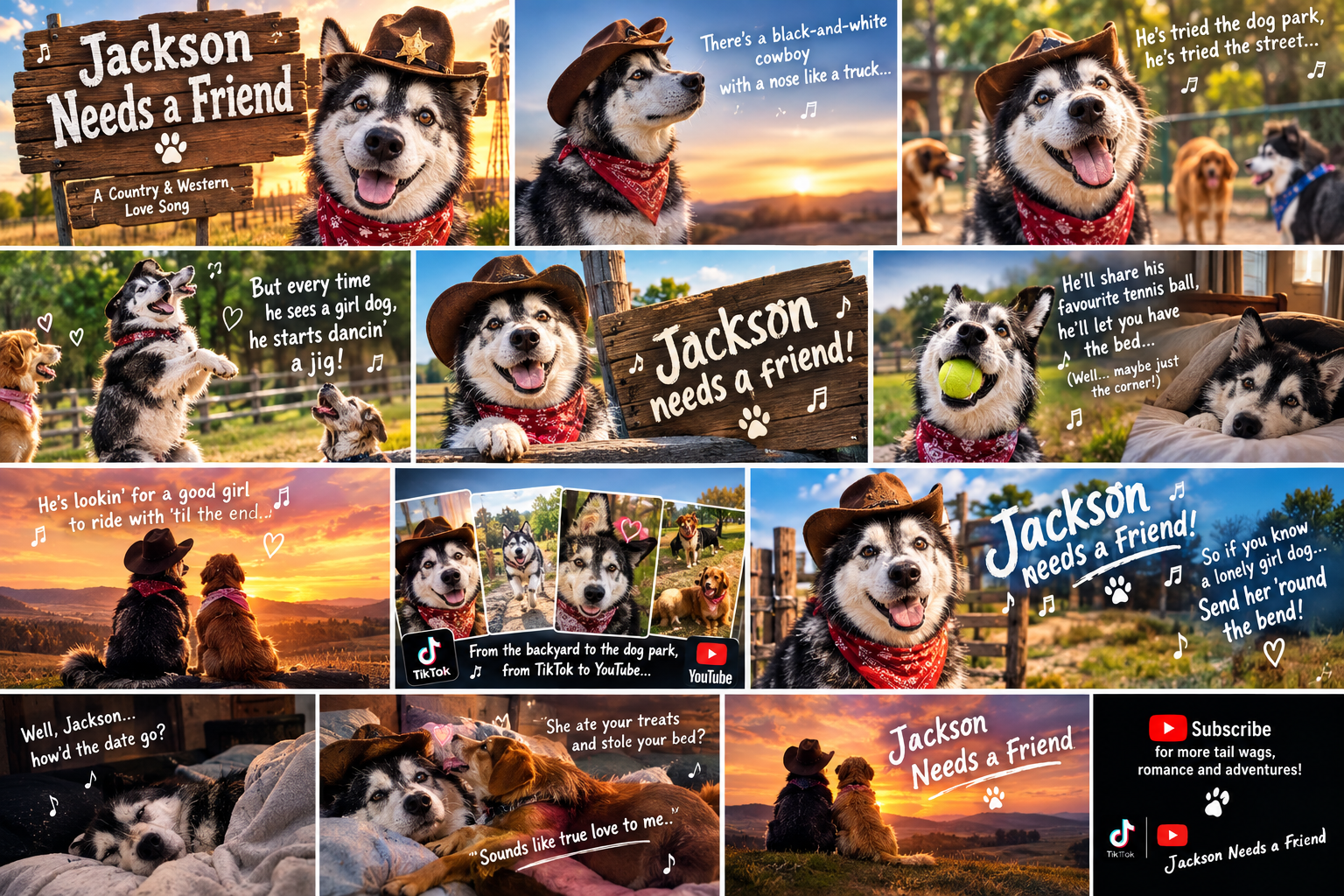 Storyboard collage: Jackson in a cowboy hat and bandana at a ranch, dog park, sunset, and TikTok/YouTube branded panels